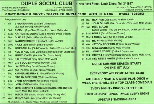 Duple Club Blackpool Entertainment Program July 2011